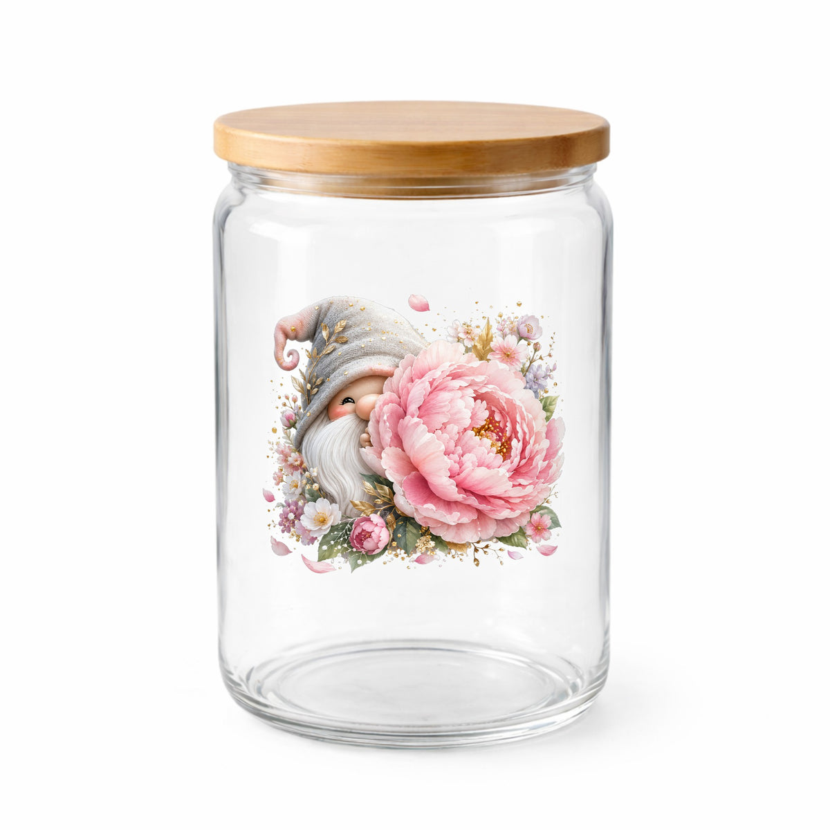 Gnome With Pink Peony UV DTF sticker applied to a clear glass jar with a wooden lid