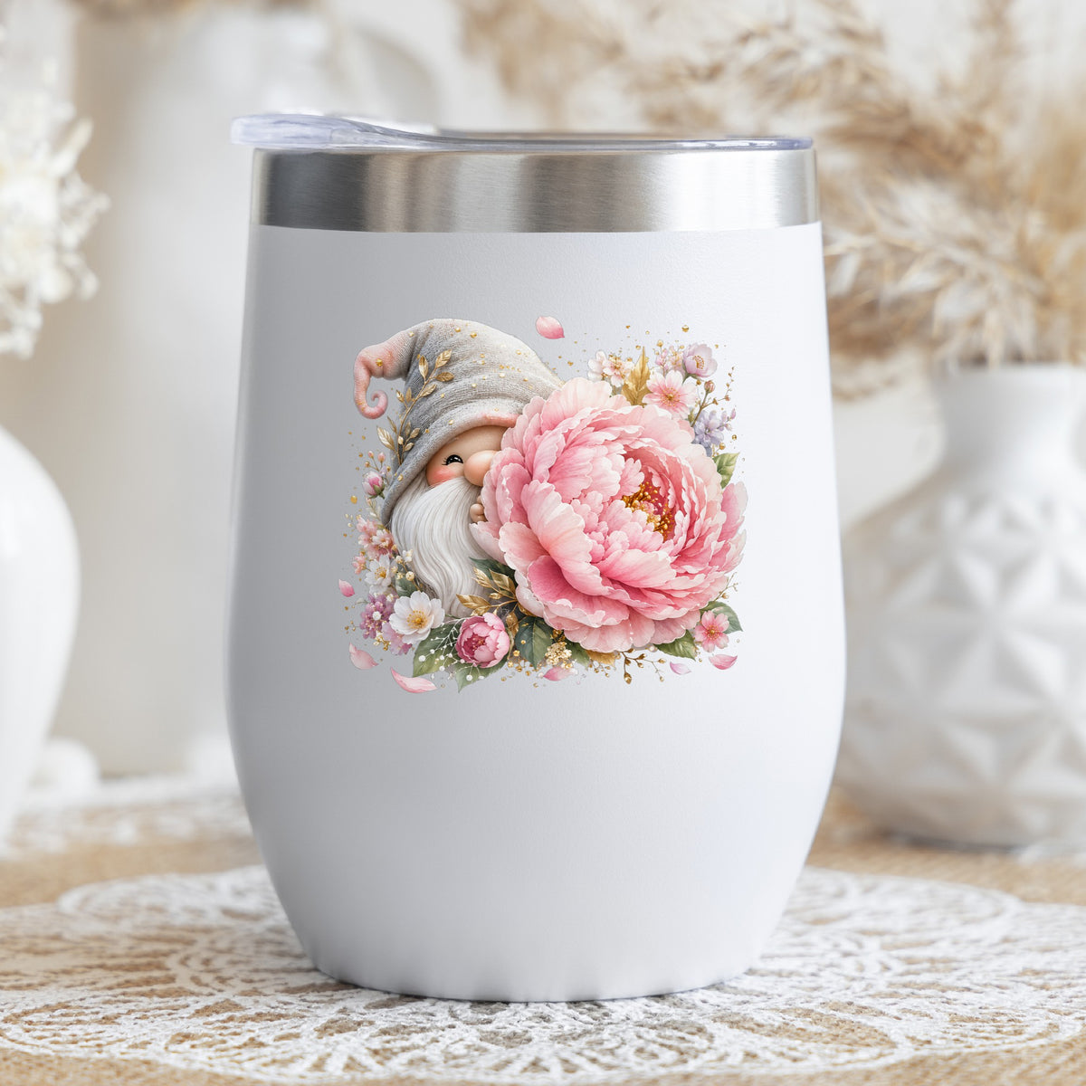 Gnome With Pink Peony UV DTF sticker applied to a white stemless tumbler with a lid