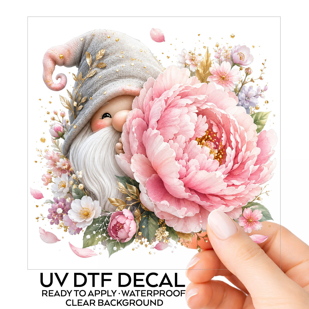 Gnome With Pink Peony UV DTF sticker on its backing card, held in hand