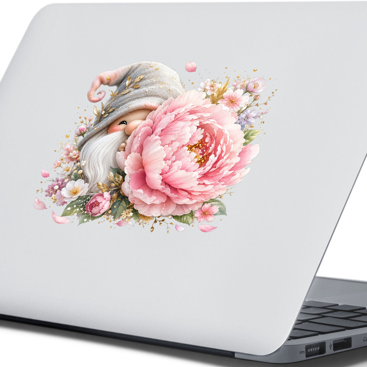 Gnome With Pink Peony UV DTF sticker applied to the lid of a silver laptop