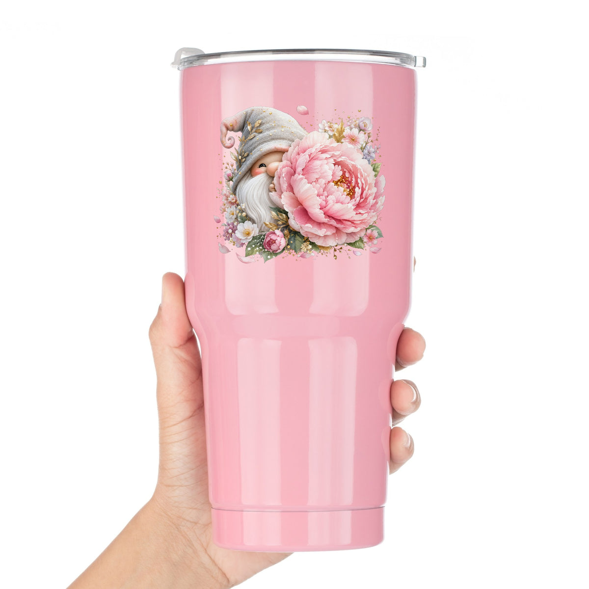 Gnome With Pink Peony UV DTF sticker applied to a pink tumbler held against a white background