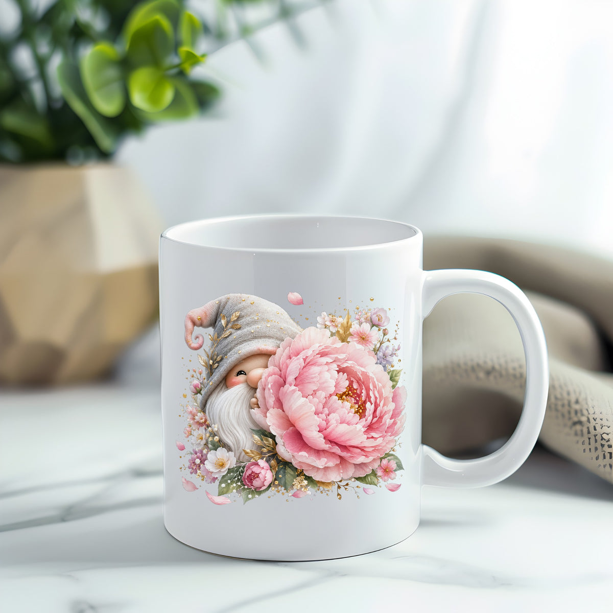 Gnome With Pink Peony UV DTF sticker applied to a white coffee mug