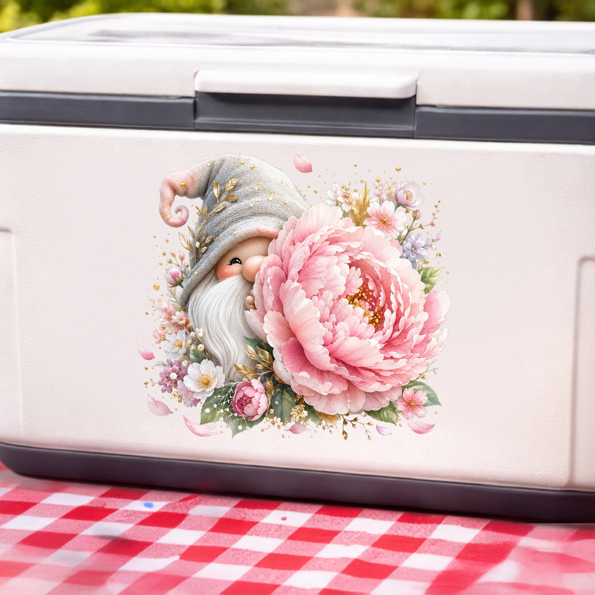 Gnome With Pink Peony UV DTF sticker applied to a white cooler on a red gingham cloth
