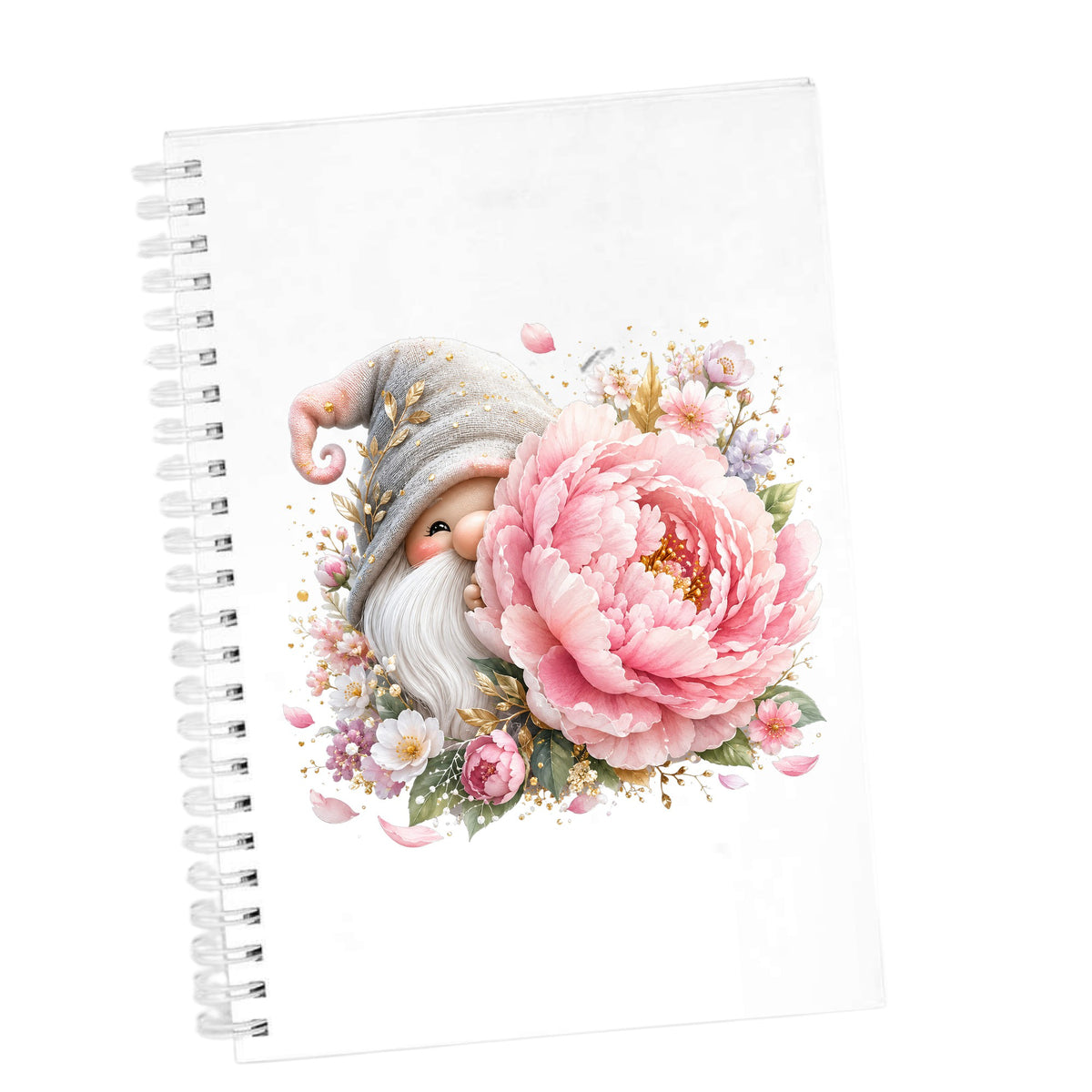 Gnome With Pink Peony UV DTF sticker applied to the cover of a white spiral journal