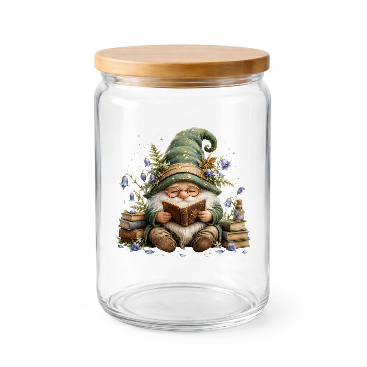 Gnome Reading With Book Stack UV DTF sticker applied to a clear glass jar with a wooden lid