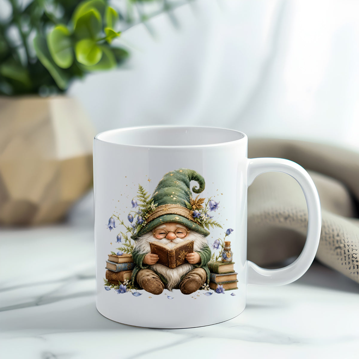 Gnome Reading With Book Stack UV DTF sticker applied to a white coffee mug