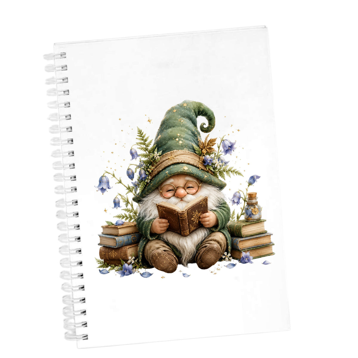 Gnome Reading With Book Stack UV DTF sticker applied to the cover of a white spiral journal