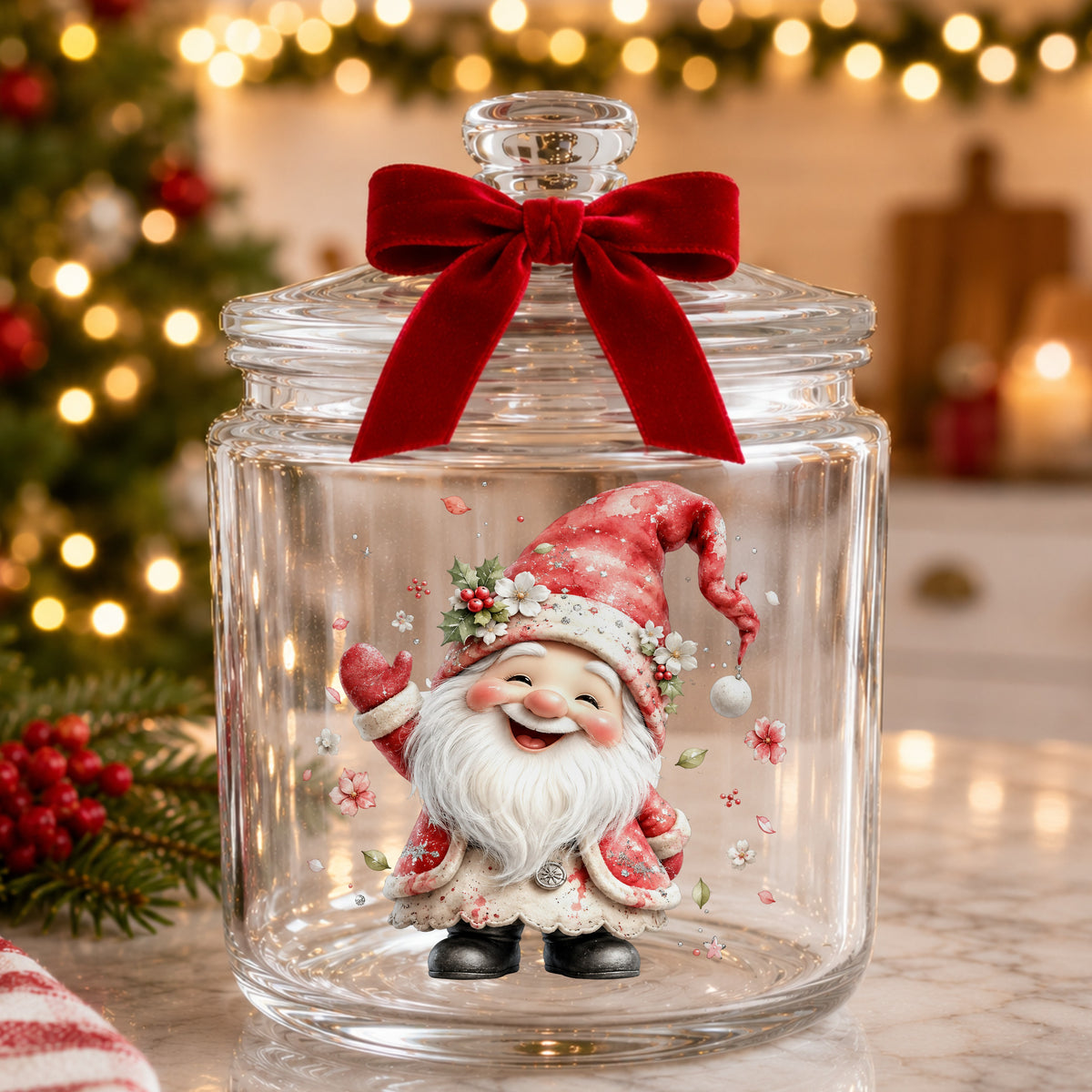 Red Christmas Gnome UV DTF sticker applied to a glass candy jar tied with a red bow