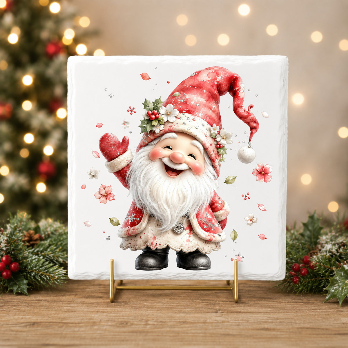 Red Christmas Gnome UV DTF sticker applied to a white tile on a gold stand