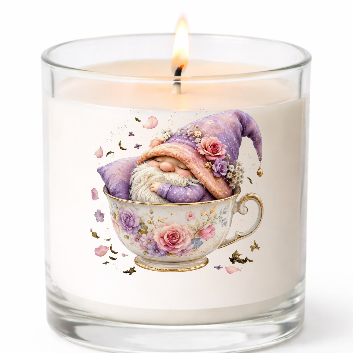Gnome Sleeping In Teacup UV DTF sticker applied to a white candle in a clear glass jar