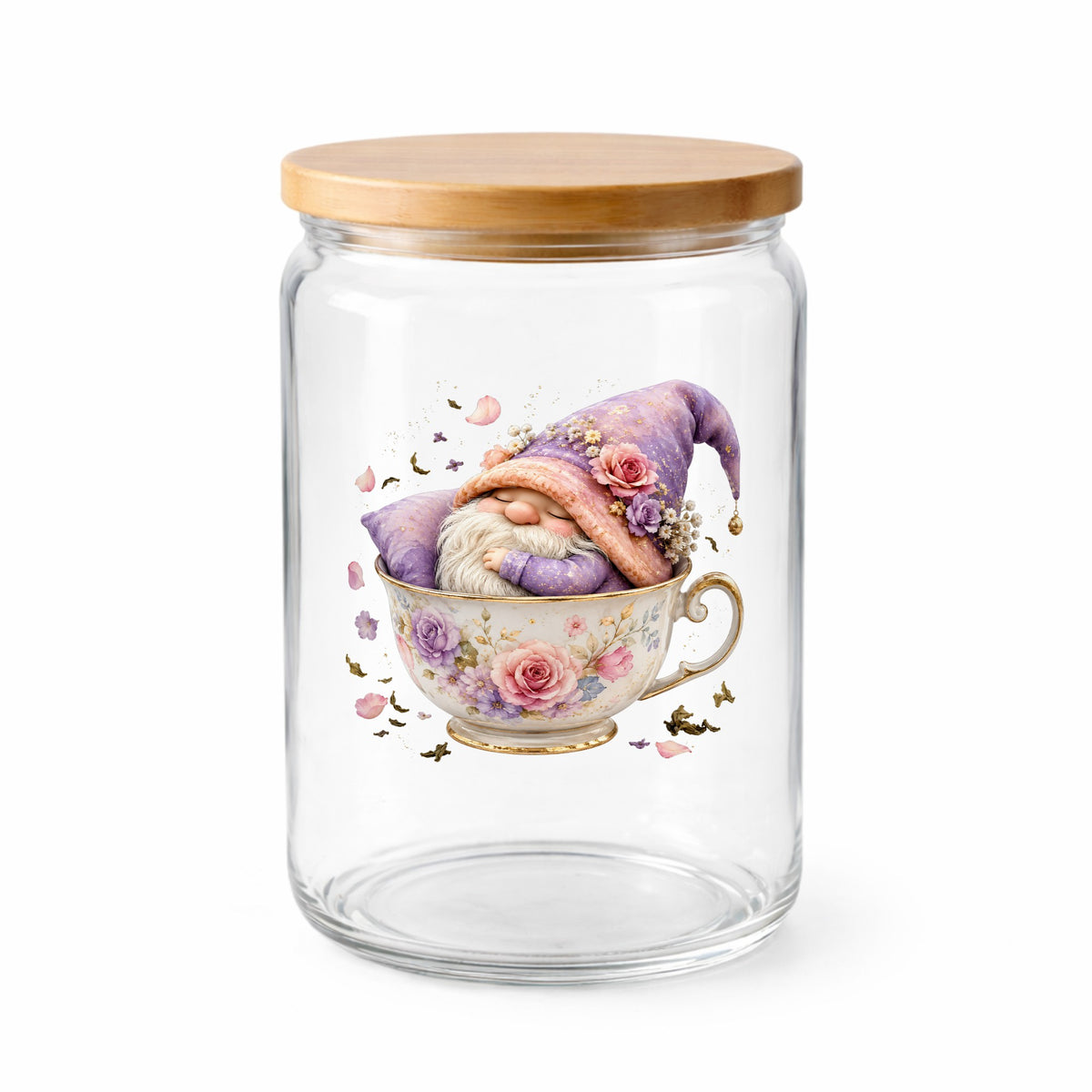 Gnome Sleeping In Teacup UV DTF sticker applied to a clear glass jar with a wooden lid