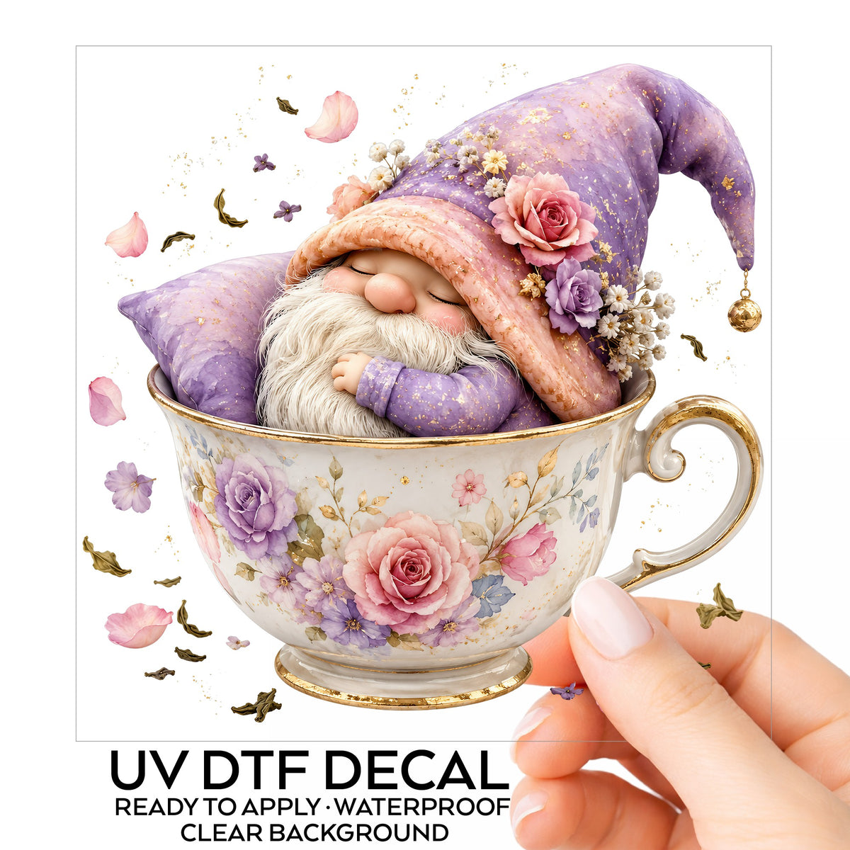 Gnome Sleeping In Teacup UV DTF sticker on its backing card, held in hand