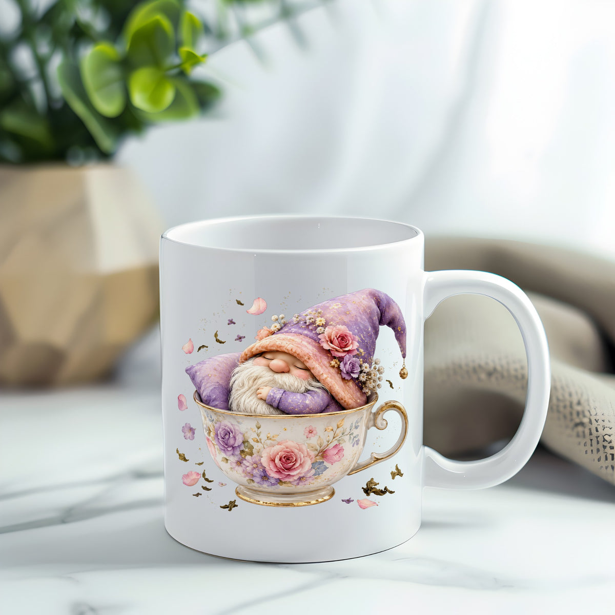 Gnome Sleeping In Teacup UV DTF sticker applied to a white coffee mug