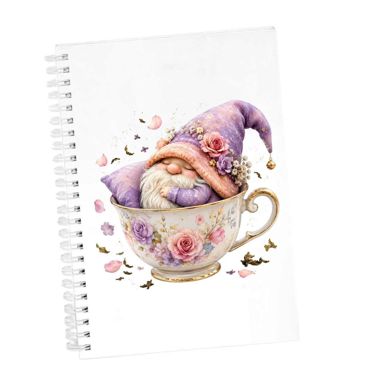 Gnome Sleeping In Teacup UV DTF sticker applied to the cover of a white spiral journal