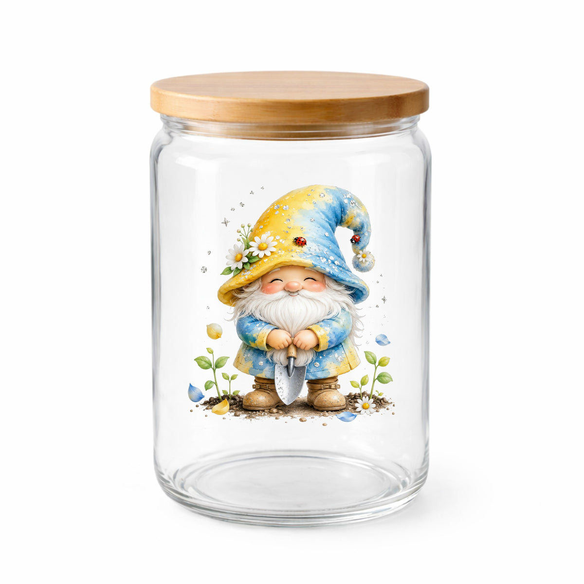 Gardening Gnome With Trowel UV DTF sticker applied to a clear glass jar with a wooden lid