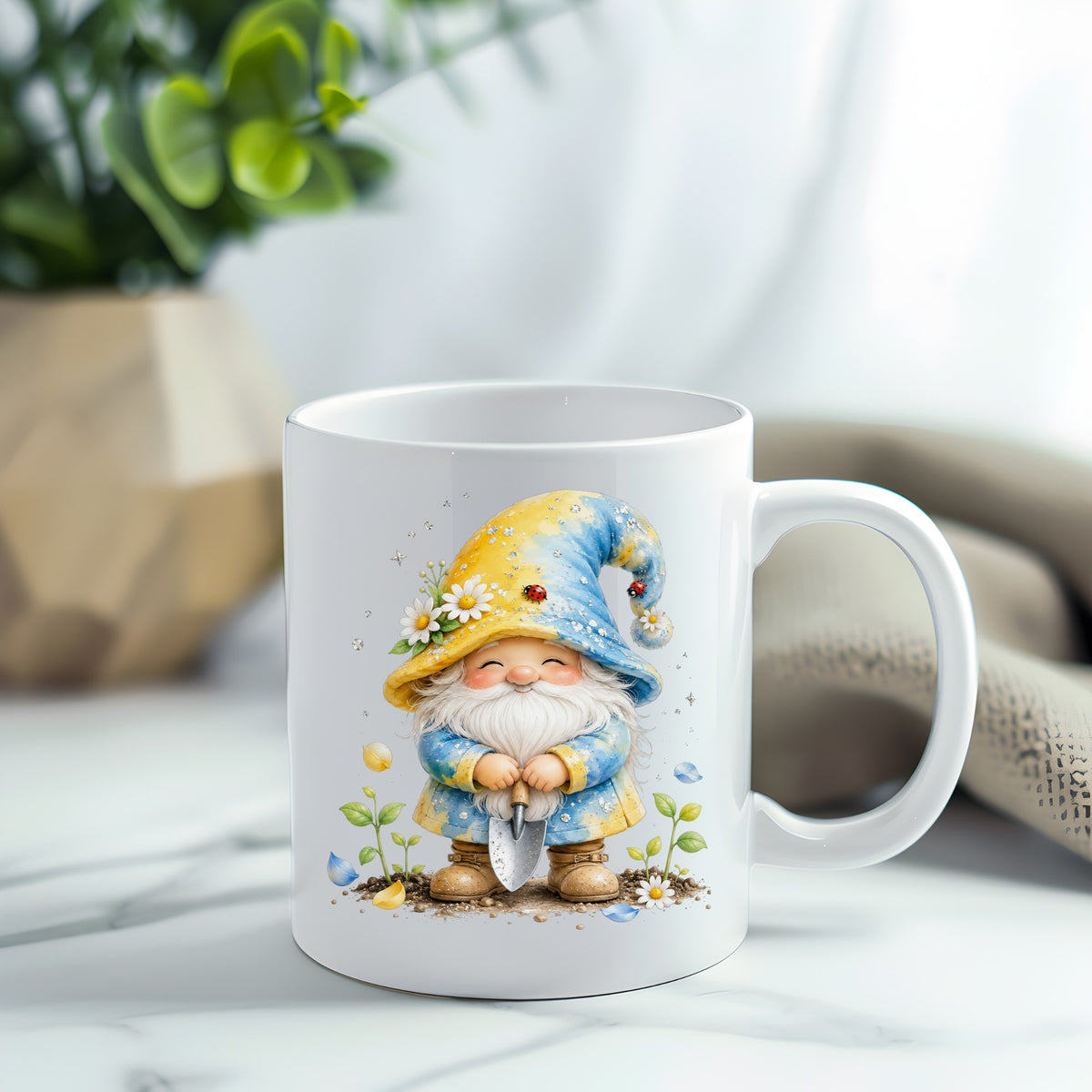 Gardening Gnome With Trowel UV DTF sticker applied to a white coffee mug
