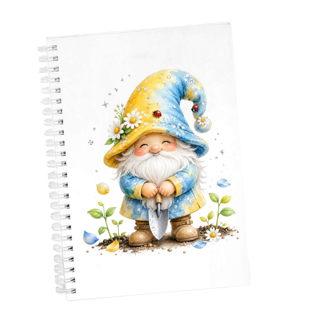 Gardening Gnome With Trowel UV DTF sticker applied to the cover of a white spiral journal