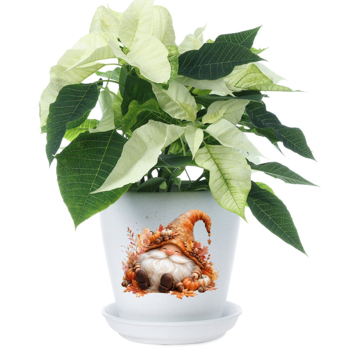 Autumn Gnome With Pumpkins UV DTF sticker applied to a white flower pot