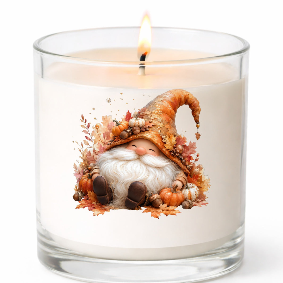 Autumn Gnome With Pumpkins UV DTF sticker applied to a white candle in a clear glass jar