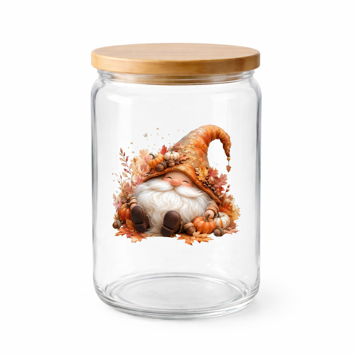 Autumn Gnome With Pumpkins UV DTF sticker applied to a clear glass jar with a wooden lid