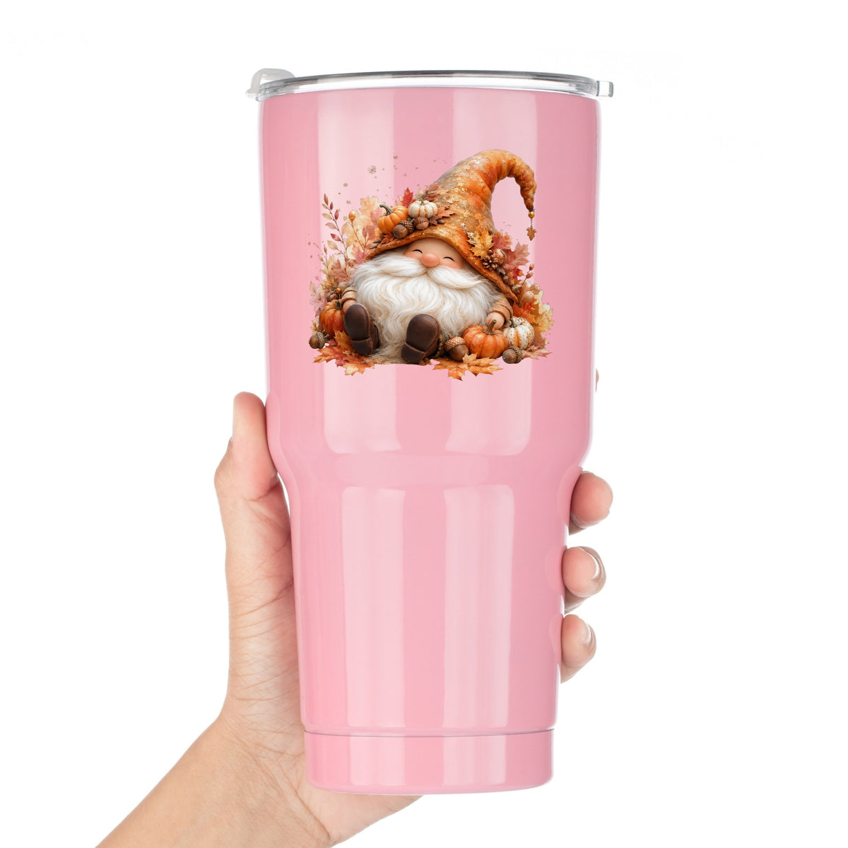 Autumn Gnome With Pumpkins UV DTF sticker applied to a pink tumbler held against a white background