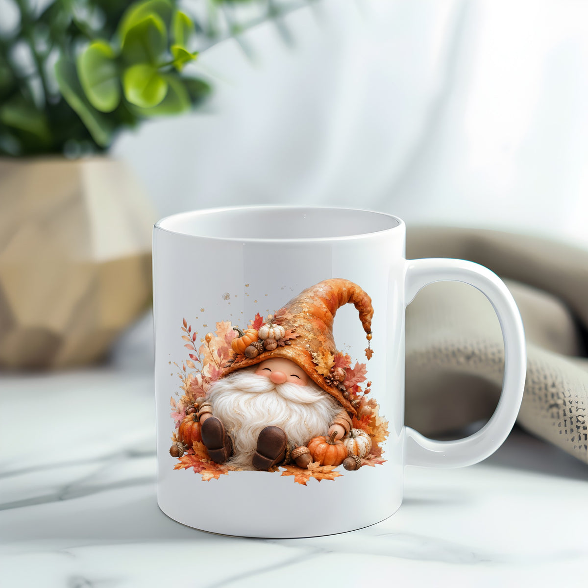 Autumn Gnome With Pumpkins UV DTF sticker applied to a white coffee mug