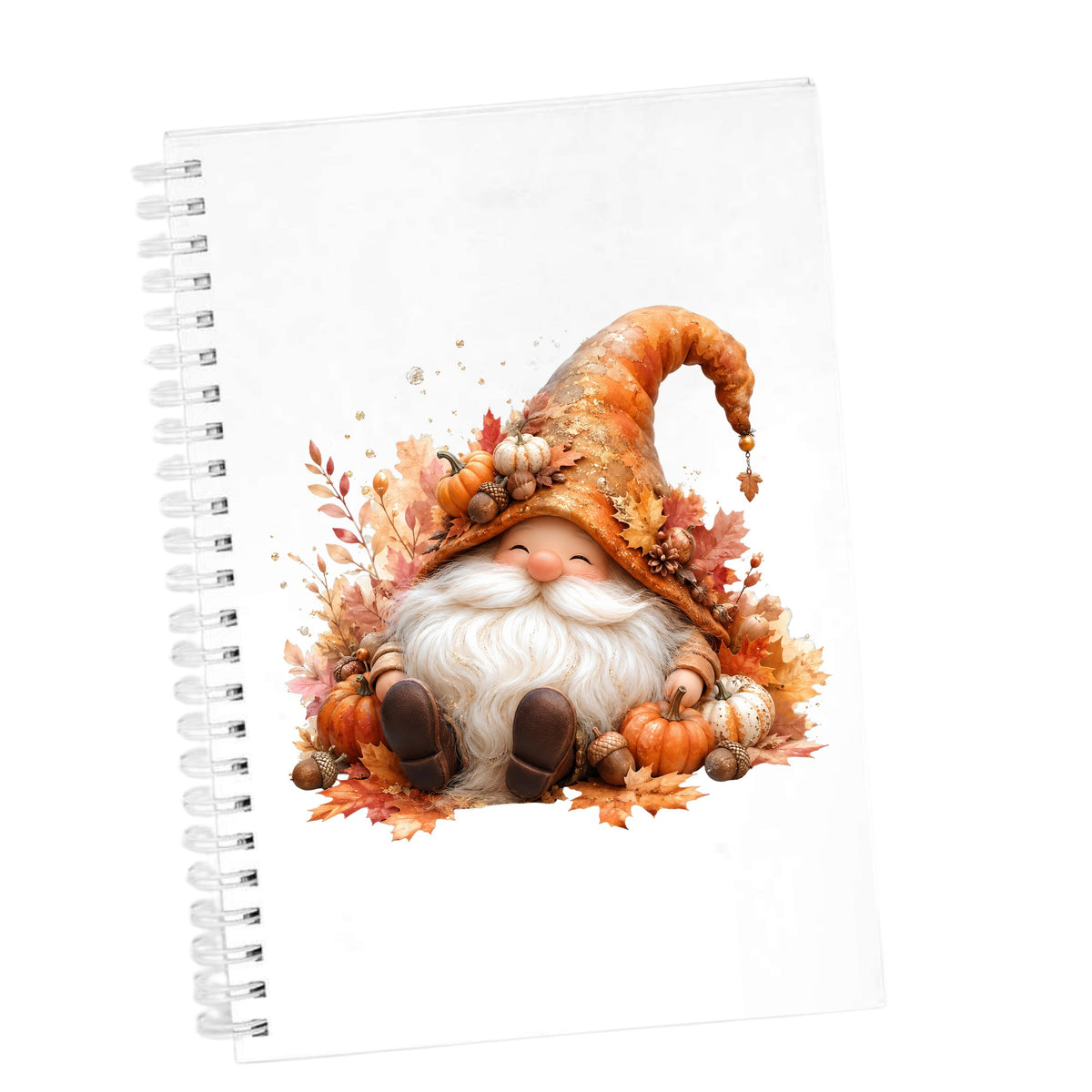 Autumn Gnome With Pumpkins UV DTF sticker applied to the cover of a white spiral journal
