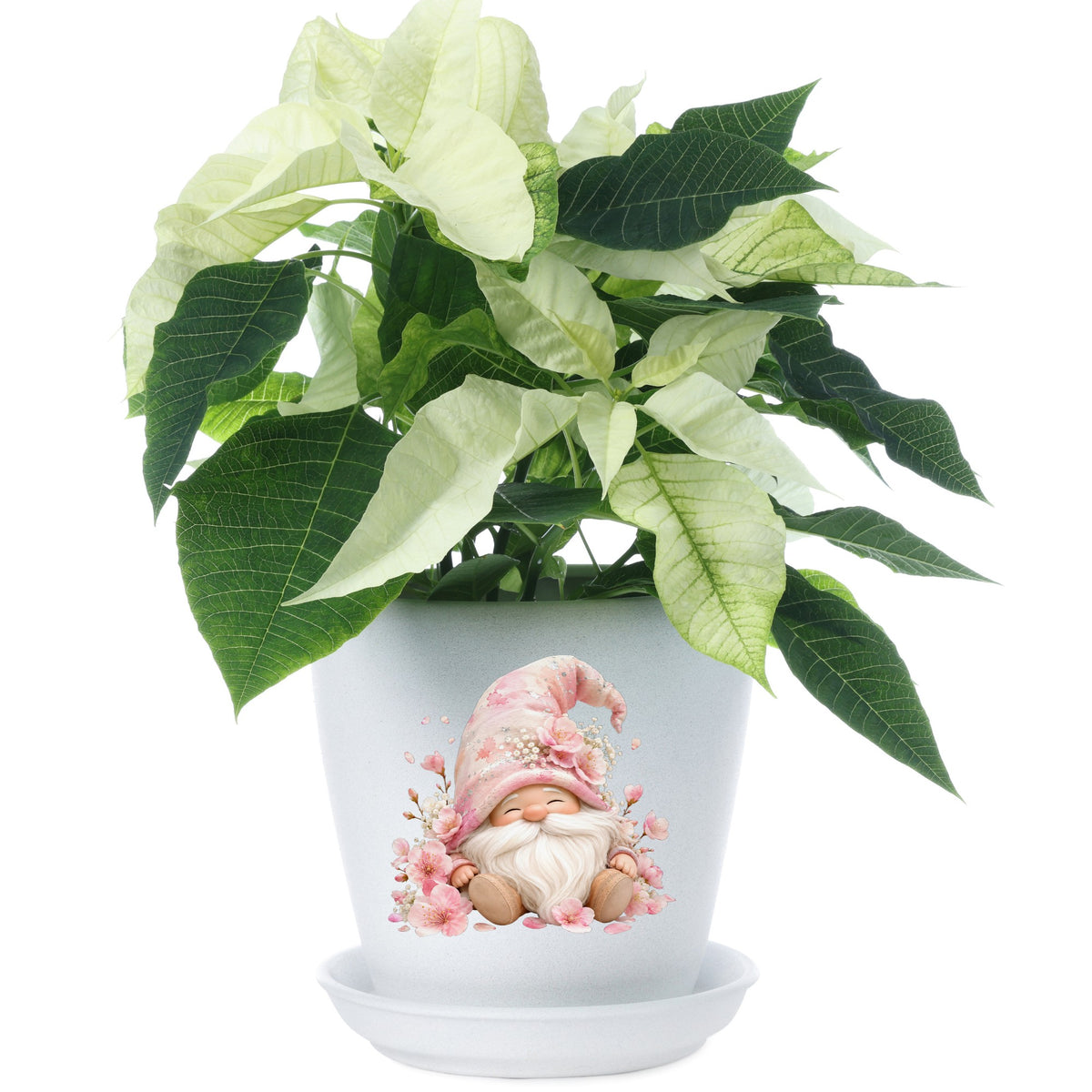 Cherry Blossom Gnome UV DTF sticker applied to a white flower pot
