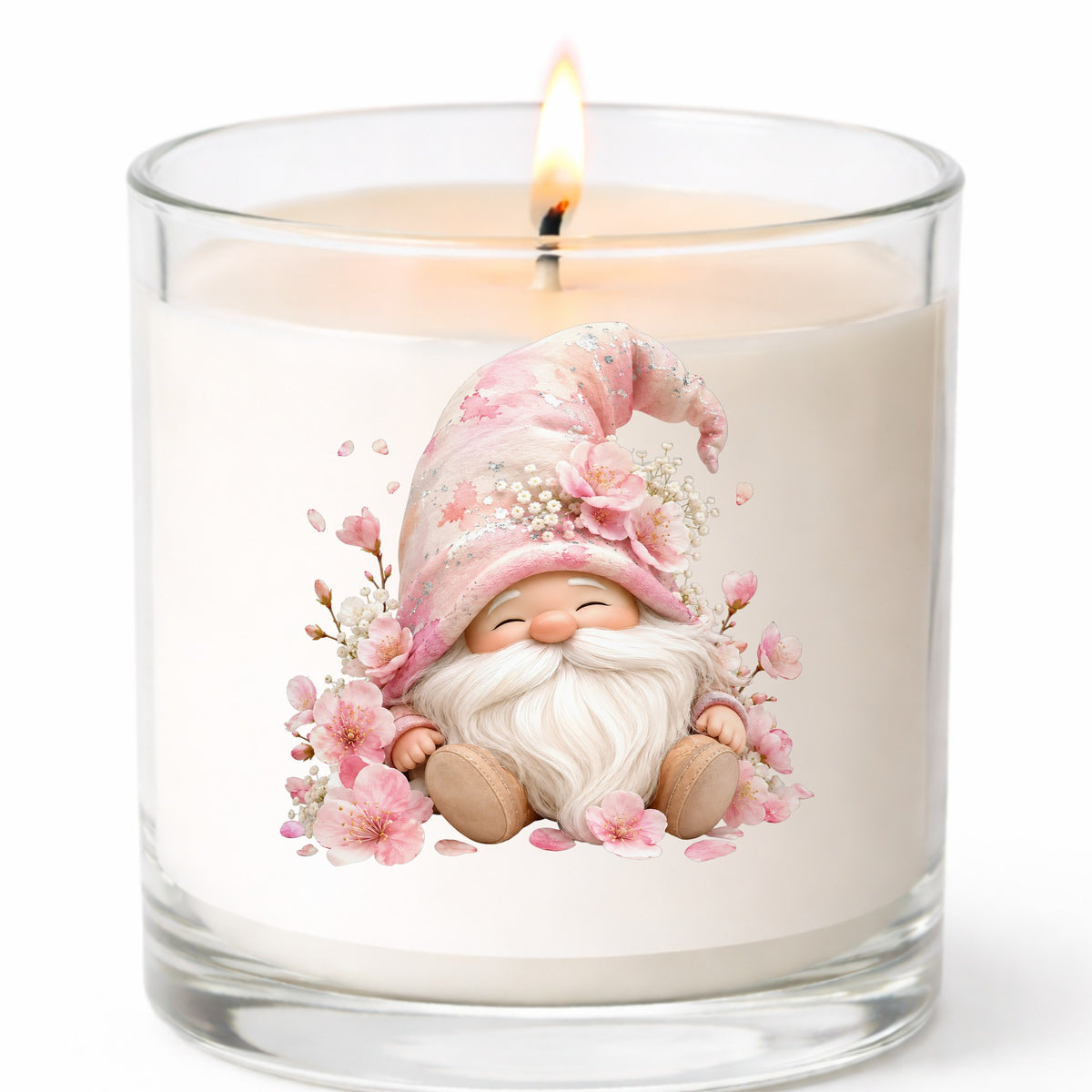 Cherry Blossom Gnome UV DTF sticker applied to a white candle in a clear glass jar