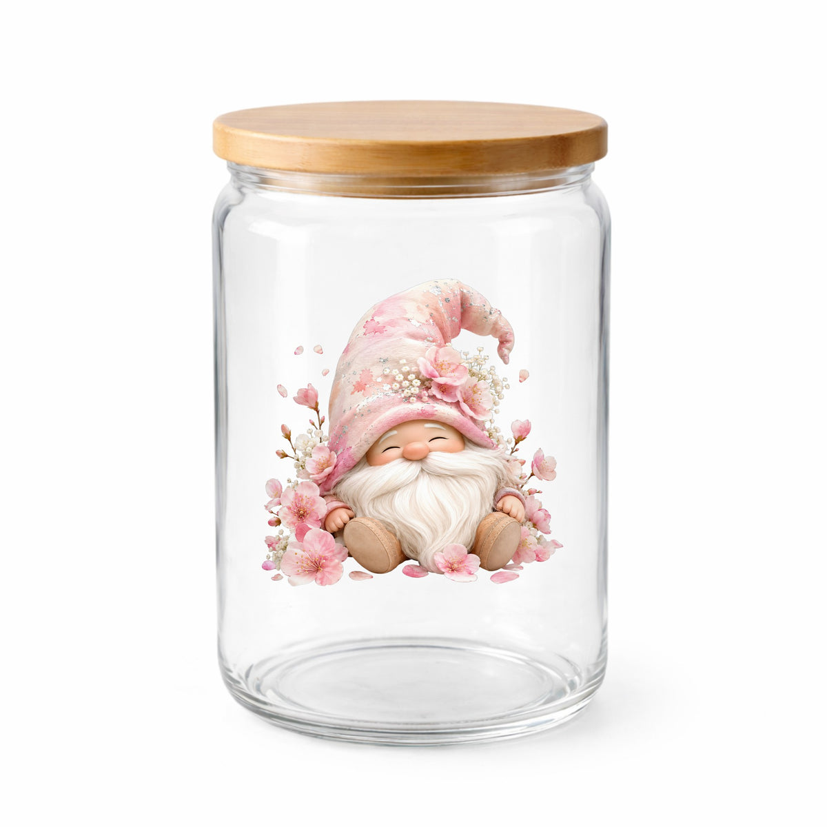 Cherry Blossom Gnome UV DTF sticker applied to a clear glass jar with a wooden lid