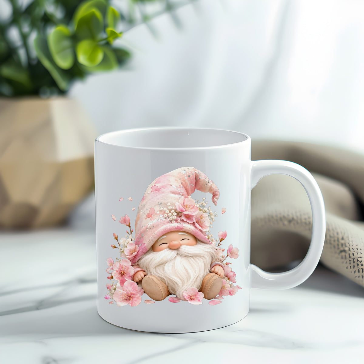 Cherry Blossom Gnome UV DTF sticker applied to a white coffee mug