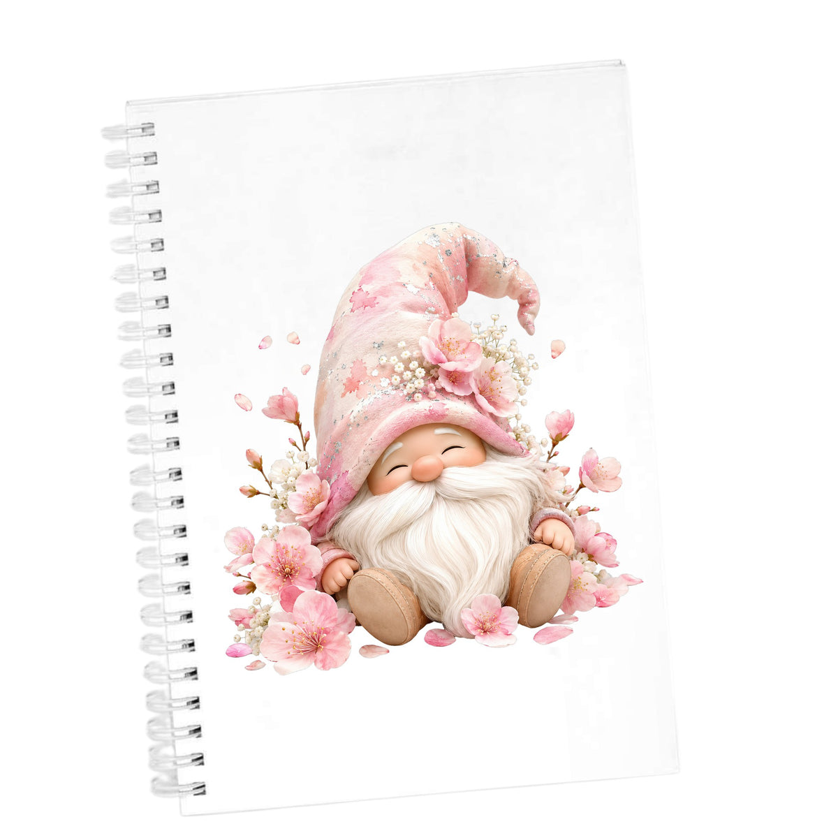 Cherry Blossom Gnome UV DTF sticker applied to the cover of a white spiral journal