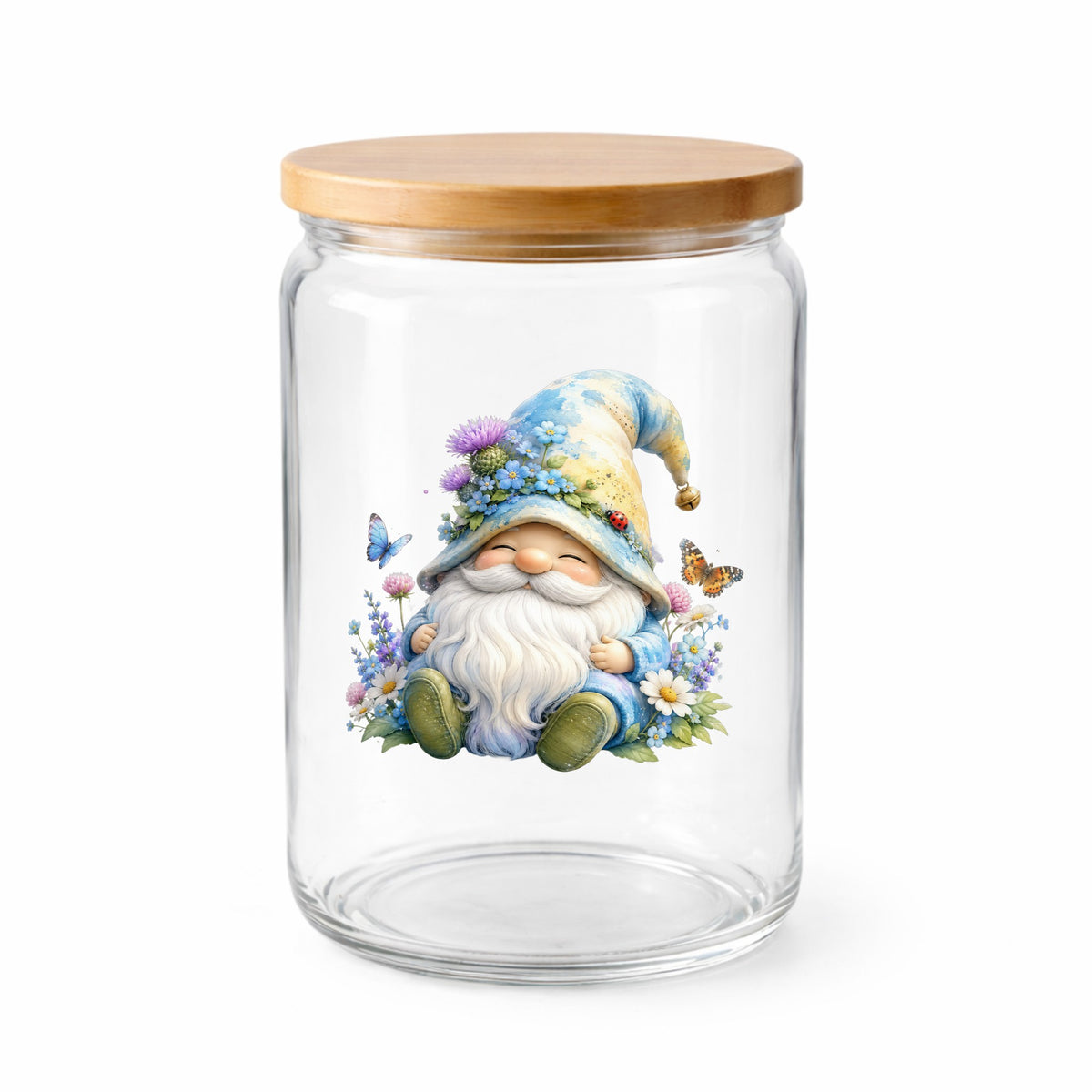 Wildflower Gnome With Butterflies UV DTF sticker applied to a clear glass jar with a wooden lid