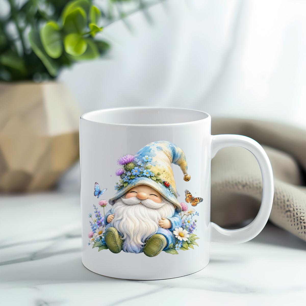 Wildflower Gnome With Butterflies UV DTF sticker applied to a white coffee mug