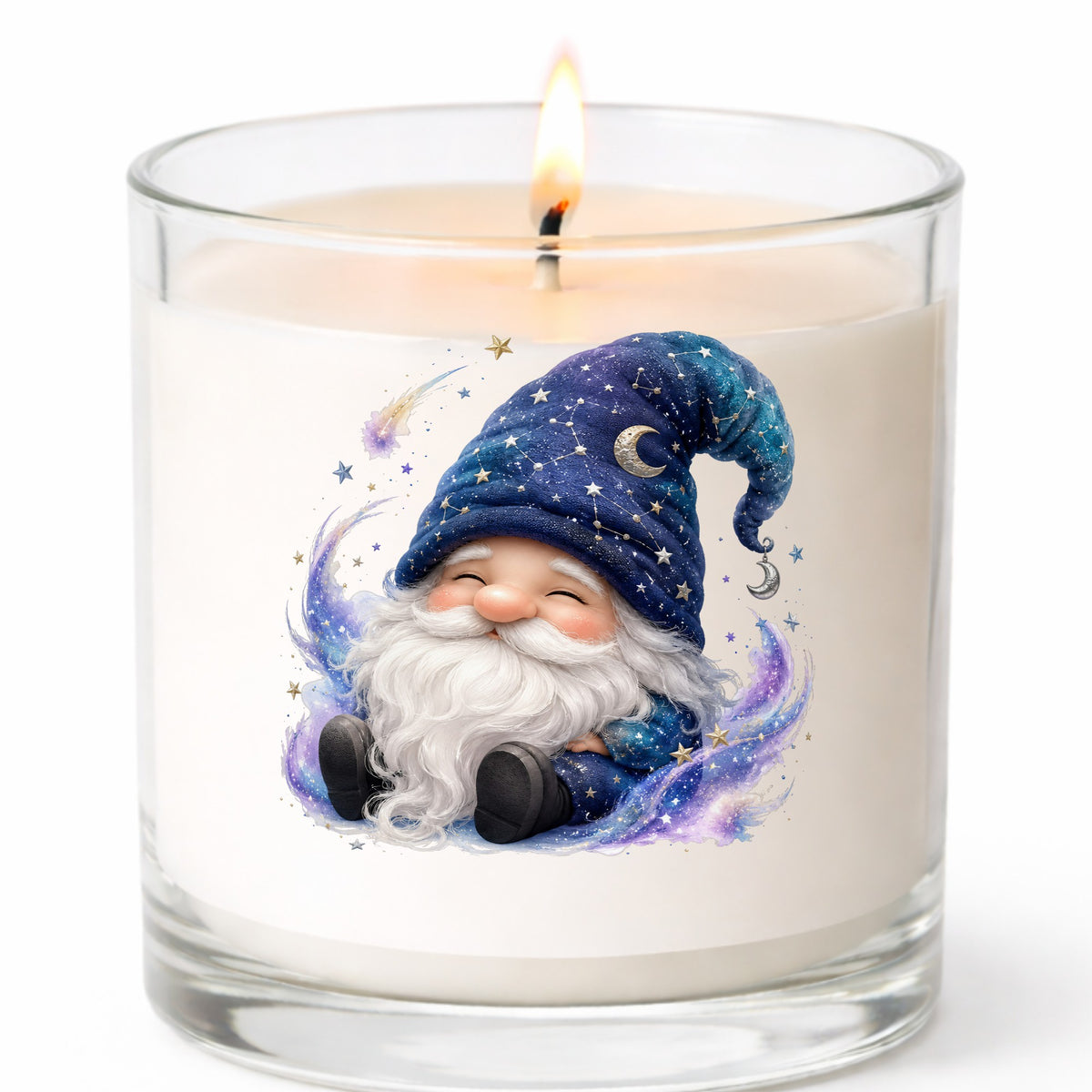 Celestial Starry Night Gnome UV DTF sticker applied to a white candle in a clear glass jar