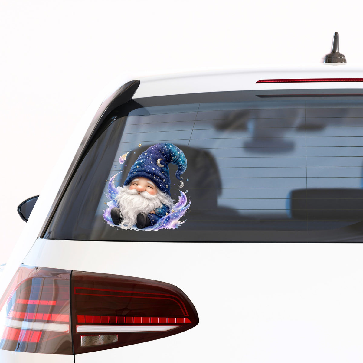 Celestial Starry Night Gnome UV DTF sticker applied to the rear window of a white car