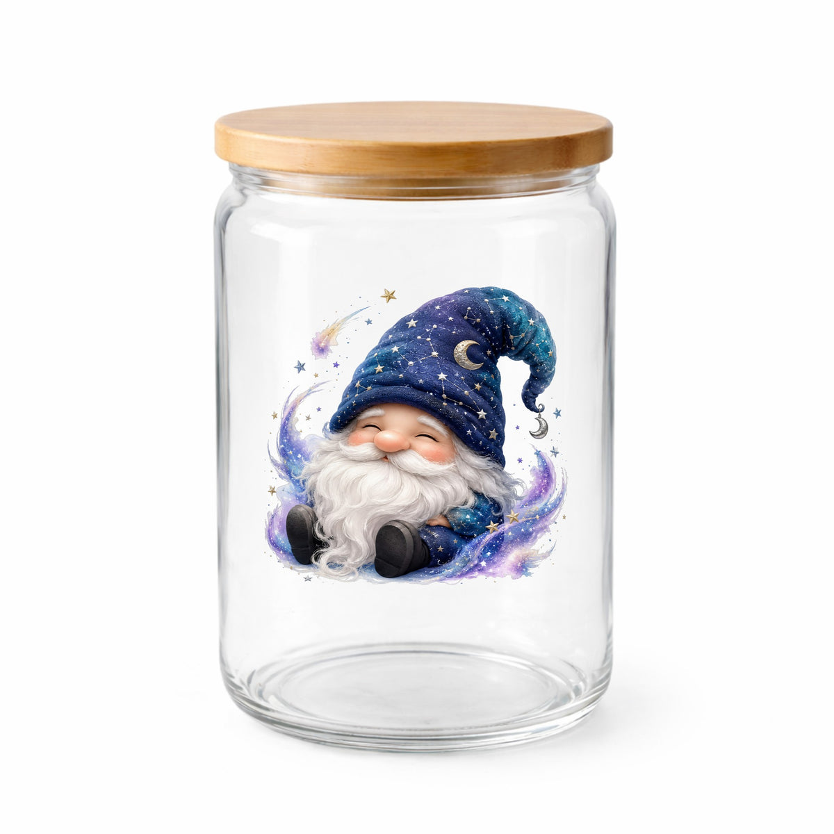 Celestial Starry Night Gnome UV DTF sticker applied to a clear glass jar with a wooden lid