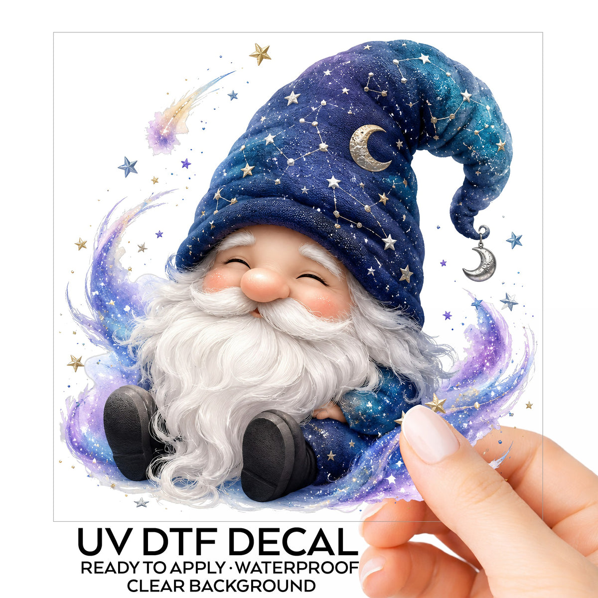 Celestial Starry Night Gnome UV DTF sticker on its backing card, held in hand