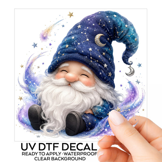 Celestial Starry Night Gnome UV DTF sticker on its backing card, held in hand