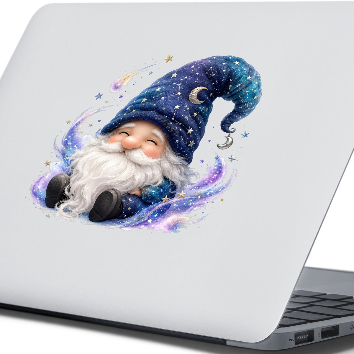 Celestial Starry Night Gnome UV DTF sticker applied to the lid of a silver laptop