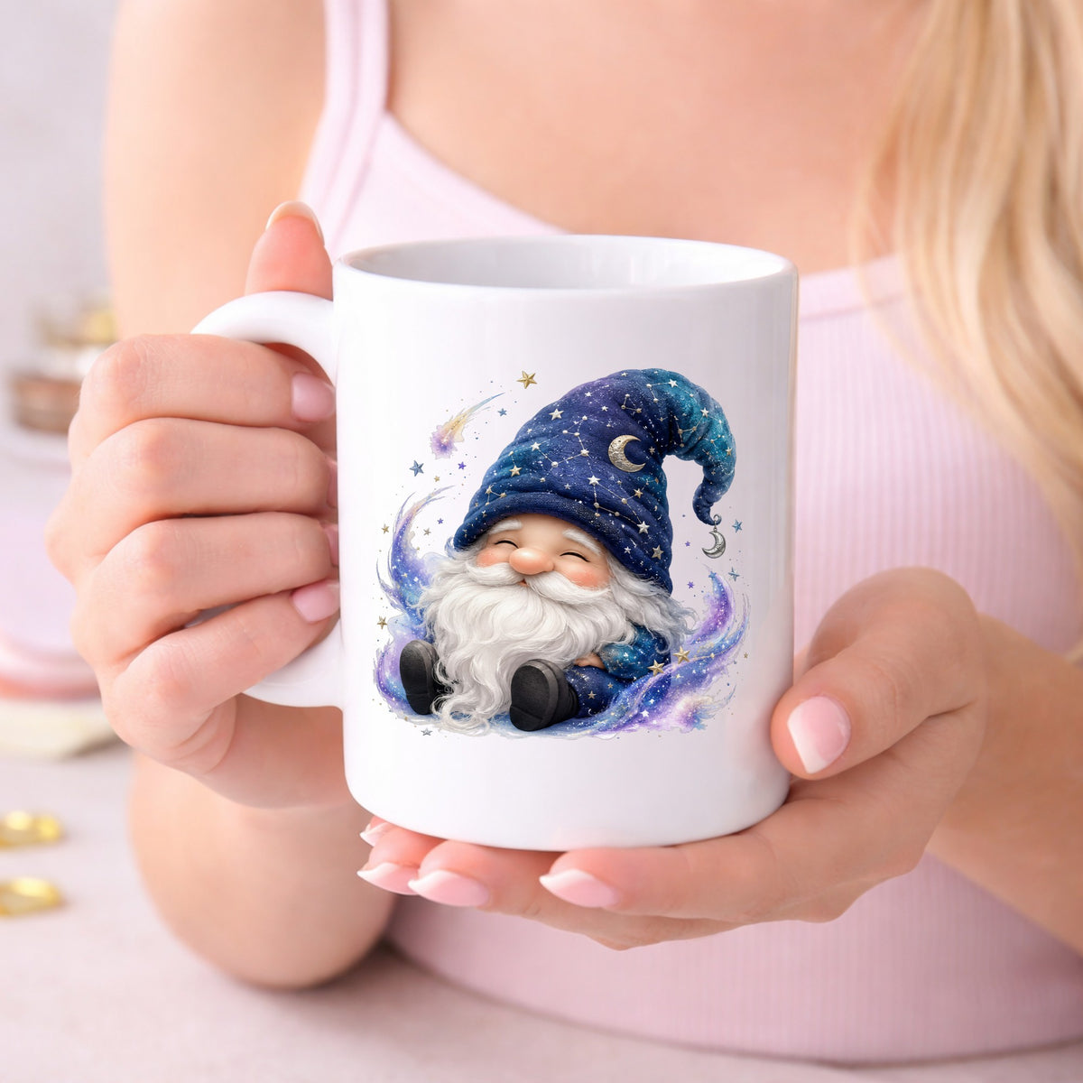 Celestial Starry Night Gnome UV DTF sticker applied to a white coffee mug held in both hands