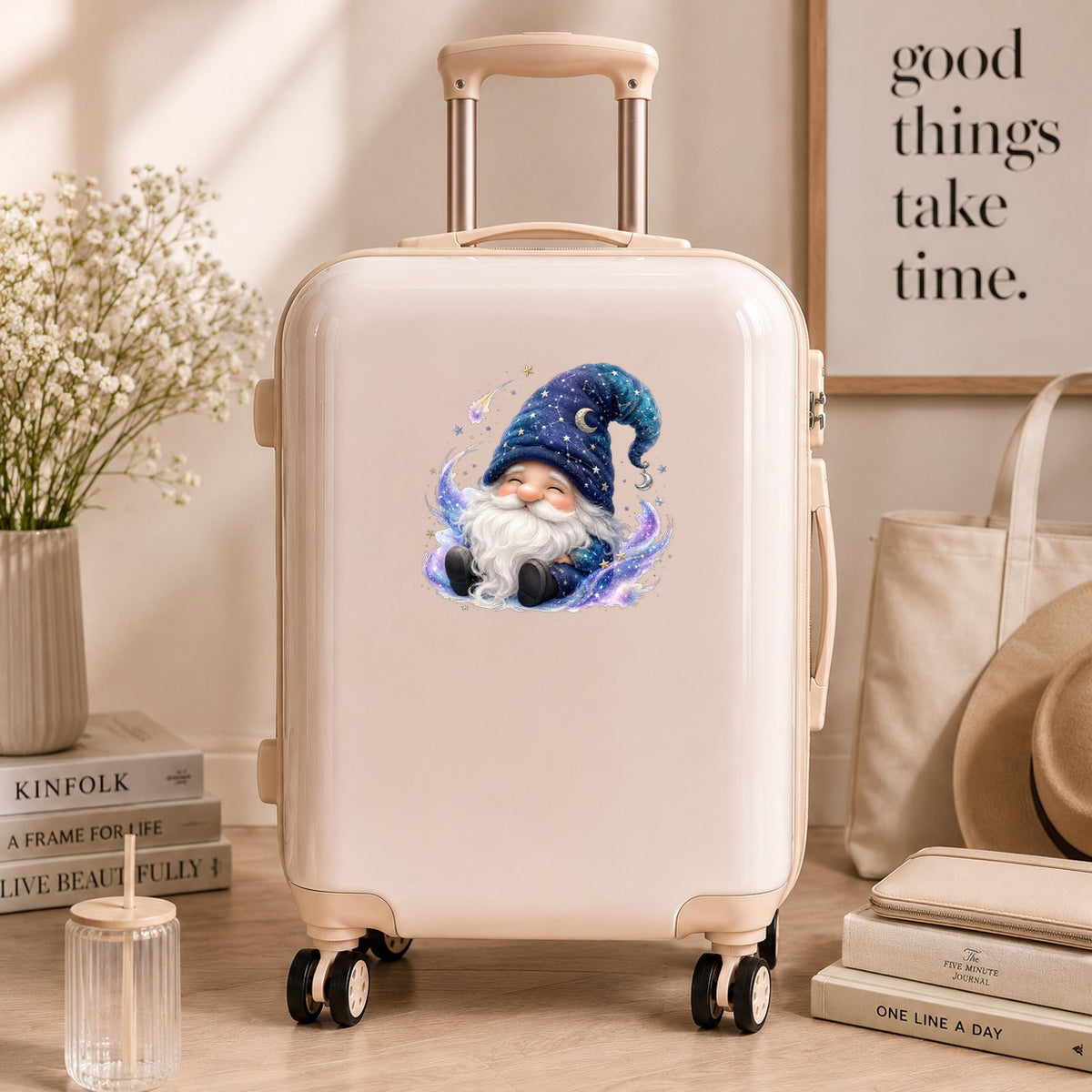 Celestial Starry Night Gnome UV DTF sticker applied to a cream carry-on suitcase