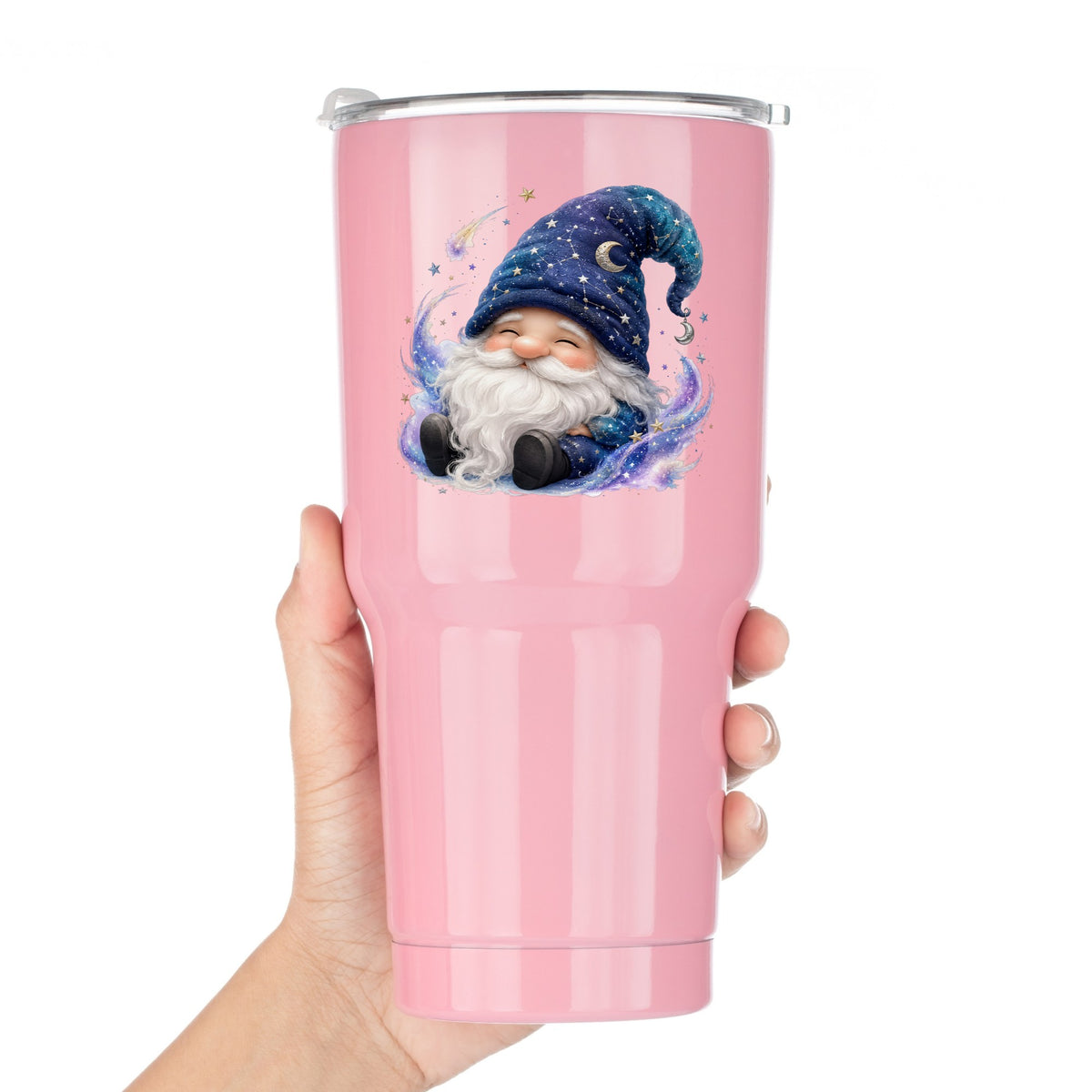 Celestial Starry Night Gnome UV DTF sticker applied to a pink tumbler held against a white background