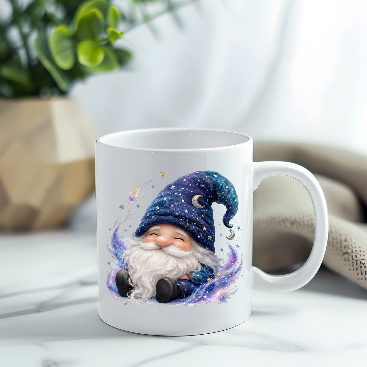 Celestial Starry Night Gnome UV DTF sticker applied to a white coffee mug