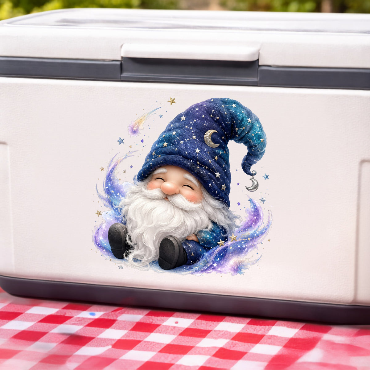 Celestial Starry Night Gnome UV DTF sticker applied to a white cooler on a red gingham cloth