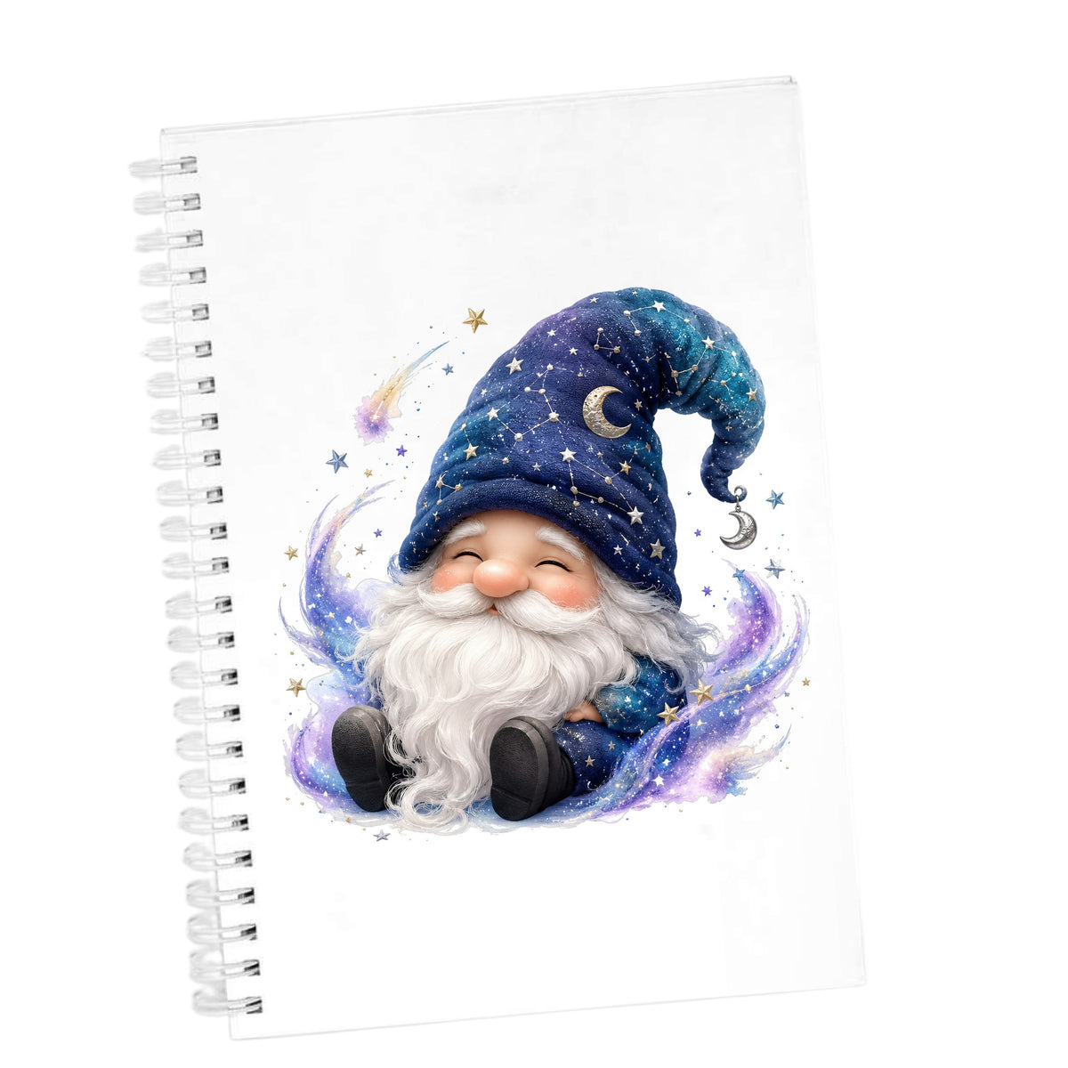 Celestial Starry Night Gnome UV DTF sticker applied to the cover of a white spiral journal