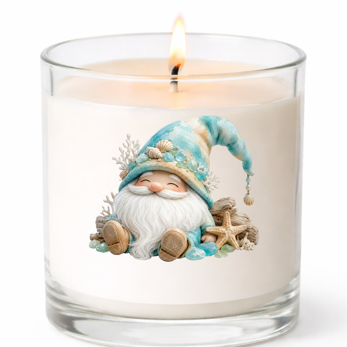 Beach Gnome With Seashells UV DTF sticker applied to a white candle in a clear glass jar