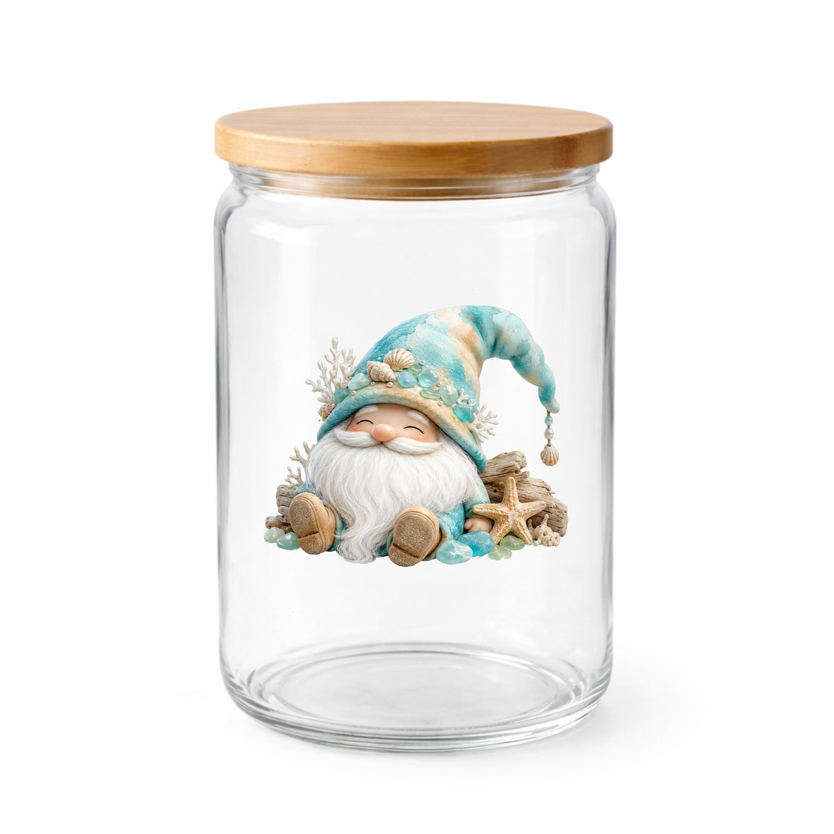 Beach Gnome With Seashells UV DTF sticker applied to a clear glass jar with a wooden lid