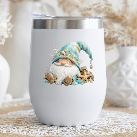 Beach Gnome With Seashells UV DTF sticker applied to a white stemless tumbler with a lid