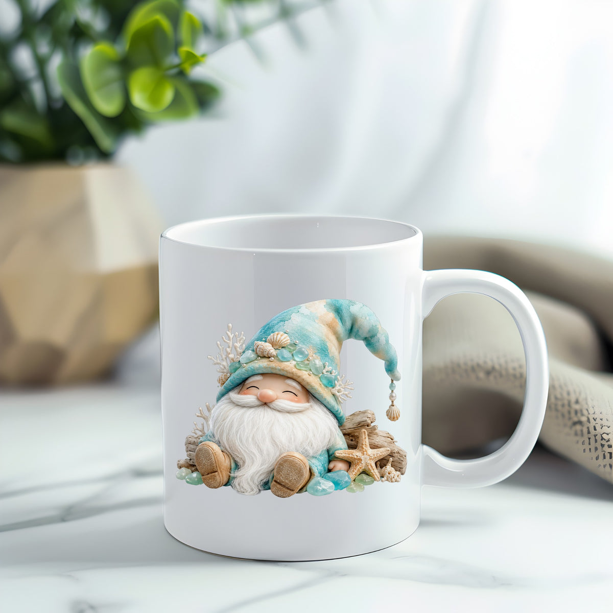 Beach Gnome With Seashells UV DTF sticker applied to a white coffee mug
